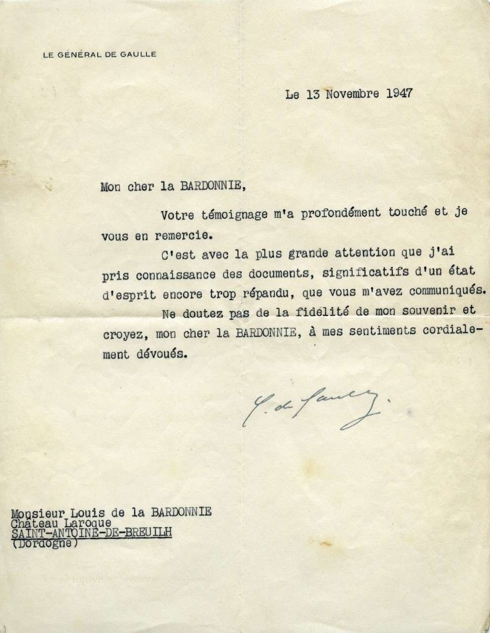 Lettre De Gaulle novembre 1947